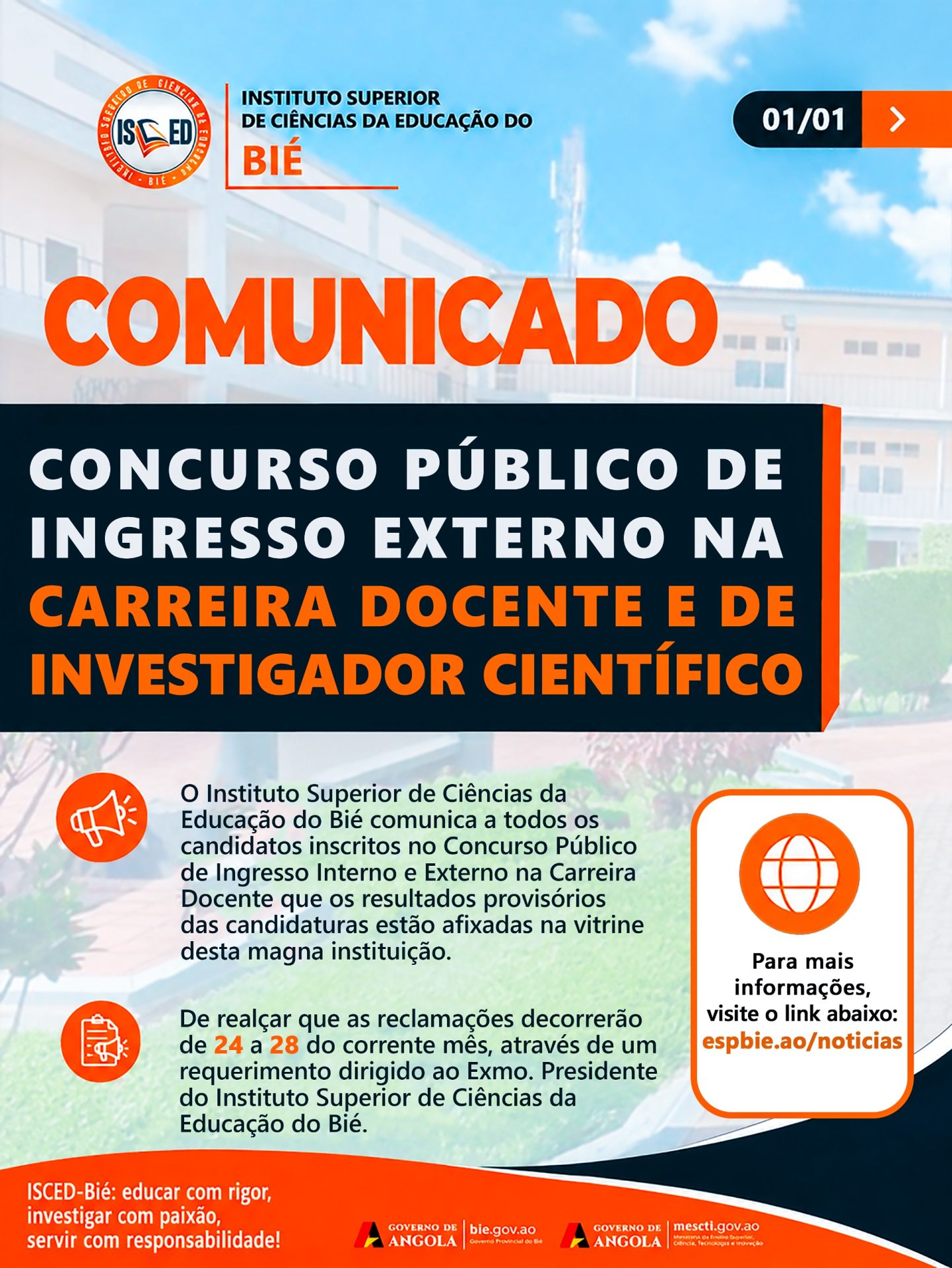 LISTAS DOS RESULTADOS PROVISÓRIOS DO CONCURSO PÚBLICO DE INGRESSO EXTERNO E INTERNO NA CARREIRA DOCENTE E DE INVESTIGADOR CIENTÍFICO